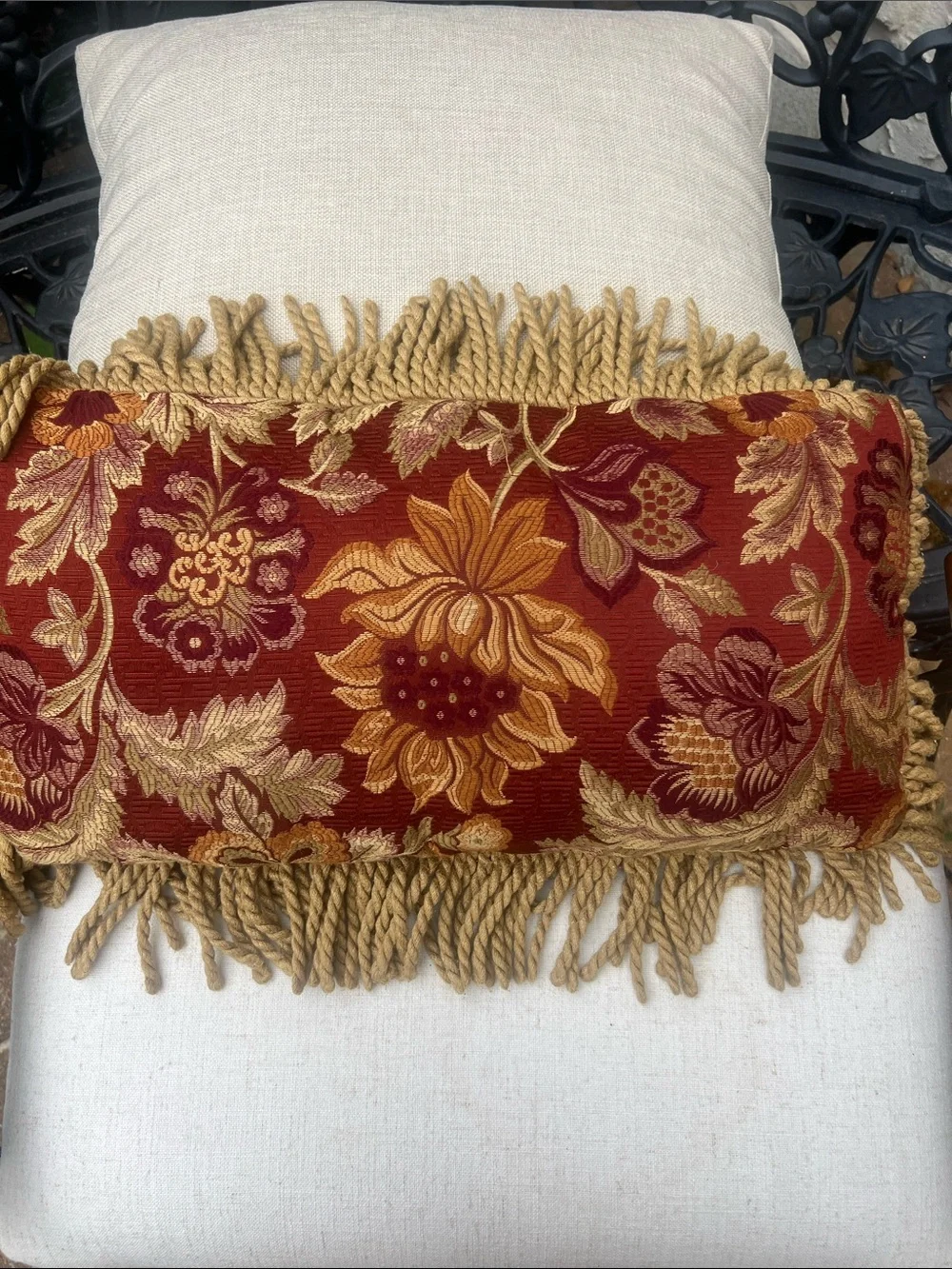 Custom Wine/Gold Floral Fringe Lumbar Shaped Pillow